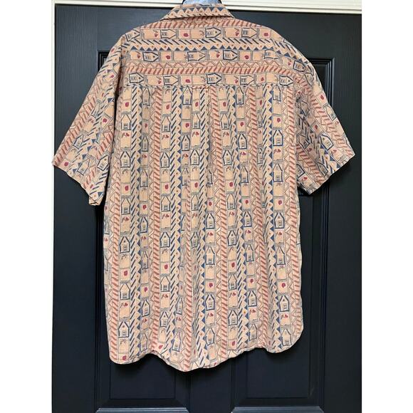 CHAPS Ralph Lauren XL Beige Blue Tribal Pattern Short Sleeve Button Up Collar - Picture 2 of 7